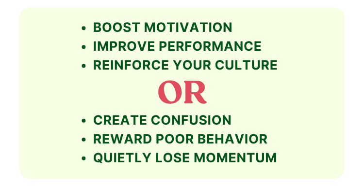 Boost motivation, improve performance, and reinforce your culture OR it can create confusion, reward the wrong behaviors, and quietly lose momentum.